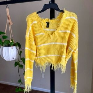 Yellow and White Striped Frayed Sweater